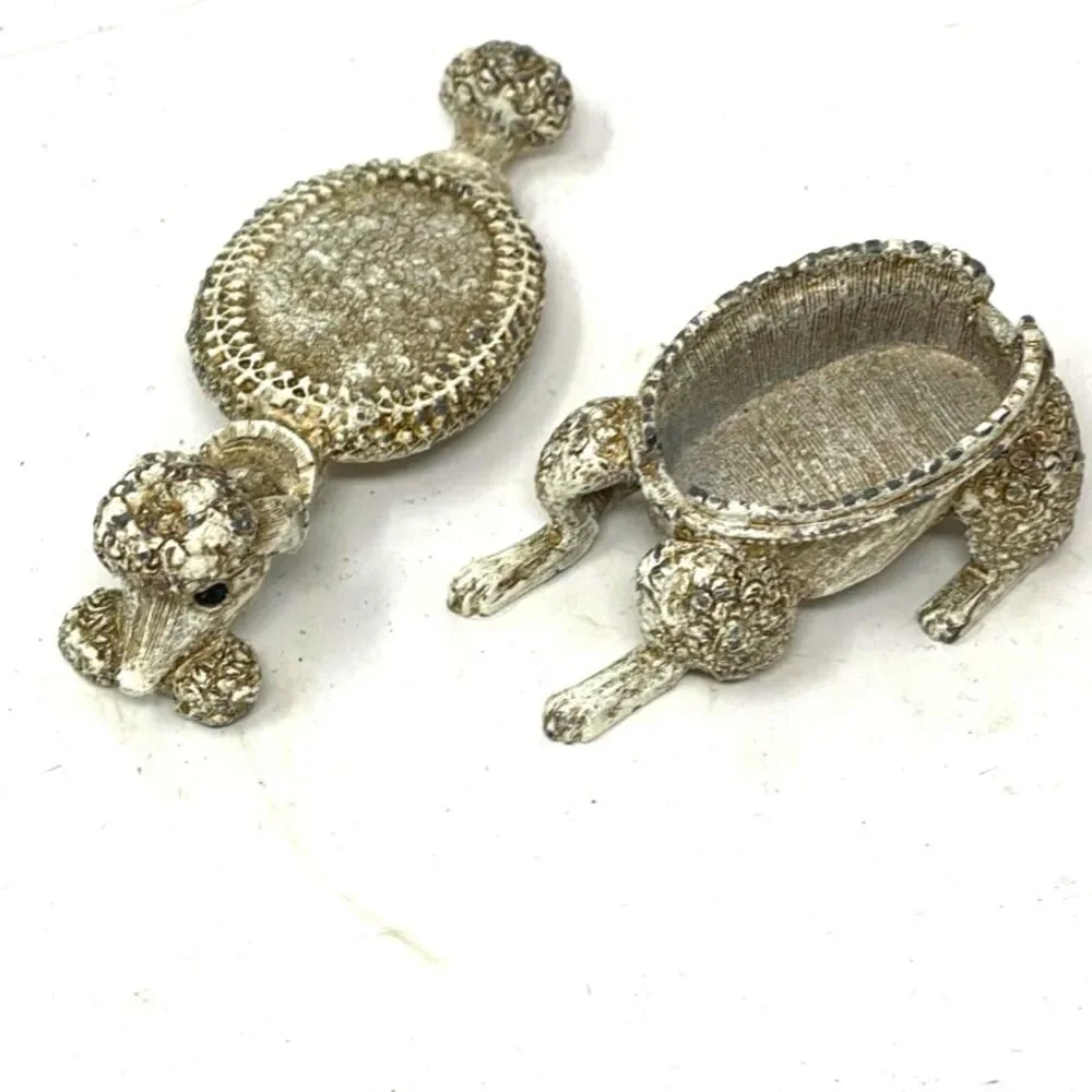 Vintage Florenza Metal Ormolu Poodle Dog Pill Trinket Box Topaz Rhinestone Eyes